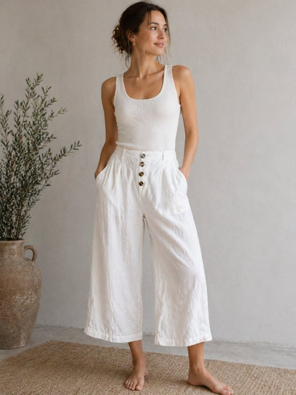 a.n.a Linen Blend Wide Leg Cropped Pants White Button Front Casual Summer Size M